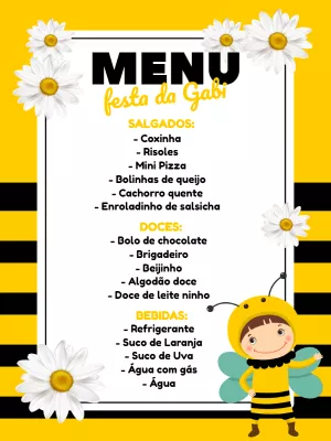 Menu de Aniversário Abelhinha para Editar Online