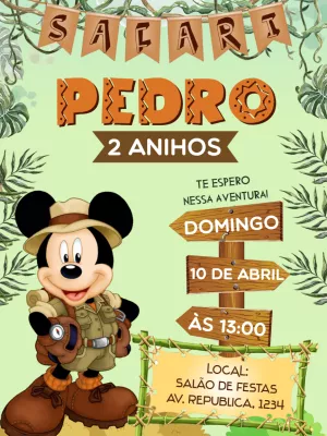 Convite Aniversário Mickey Safari para Editar Online