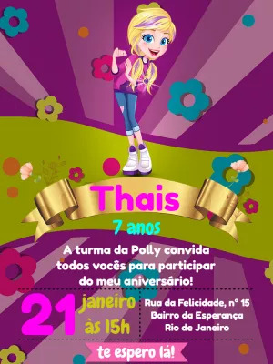 Convite de Aniversário Polly Pocket Editável para Imprimir