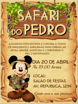 Convite Aniversário Safari do Mickey para Editar Online
