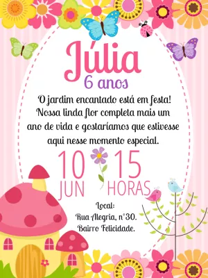 Convite Aniversário Jardim Encantado com Flores para Editar Online