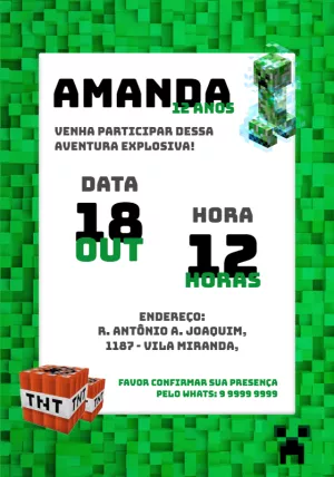 Convite de Aniversário Minecraft com Personagens para Editar