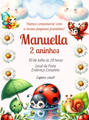 Convite de Aniversário Joaninha Fofa para Editar Online