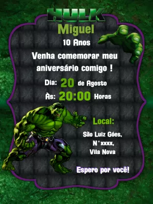 Convite de Aniversário do Hulk para Editar e Imprimir