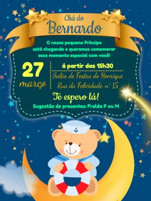 Convite Chá de Bebê Ursinho Marinheiro na Lua para Editar Online