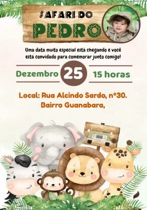 Convite Aniversário Safari com Foto para Editar Online