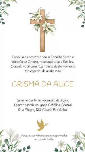 Convite de Crisma com Cruz e Lírios para Editar Online