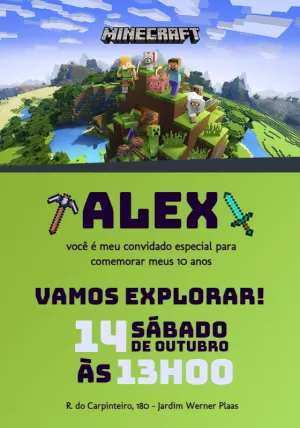 Convite de Aniversário Minecraft com Personagens para Editar
