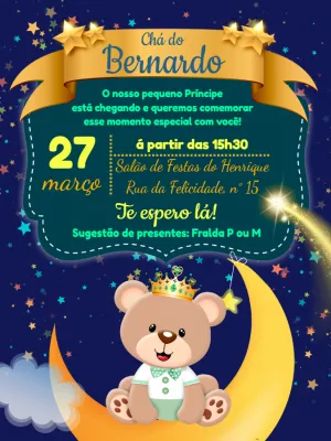 Convite Chá de Bebê Ursinho Príncipe Dourado para Editar