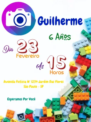 Convite de Aniversário Blocos de Montar com Foto para Editar