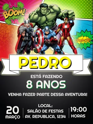 Convite de Aniversário Vingadores Super Heróis para Editar