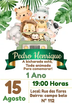 Convite de Aniversário Safari com Animais para Editar Online