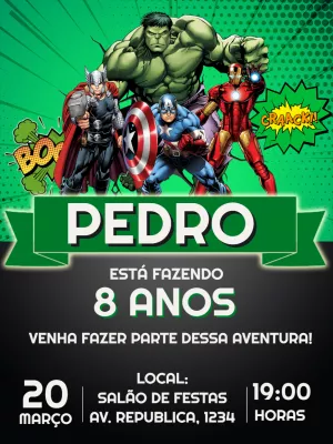 Convite de Aniversário Vingadores com Heróis para Editar Online