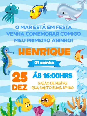 Convite Aniversário Fundo do Mar com Animais para Editar Online