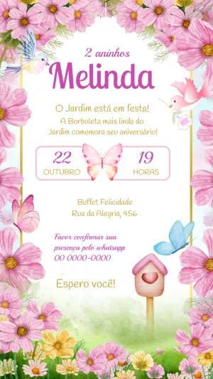 Convite Aniversário Jardim Encantado com Flores para Editar