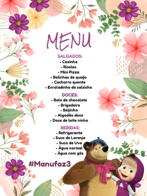 Cardápio de Aniversário Masha e o Urso para Editar Online