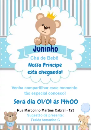Convite Chá de Bebê Ursinho Príncipe para Editar Online