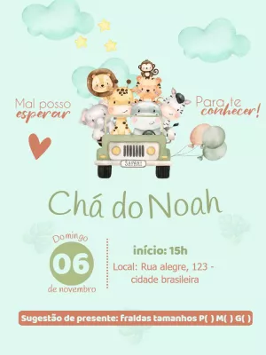 Convite Chá de Fraldas Safari com Animais Editável Online