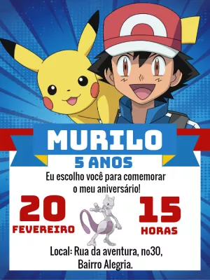 Convite de Aniversário Pokémon com Ash e Pikachu para Editar