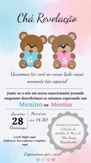 Convite Chá Revelação Ursinhos Fofos para Editar Online