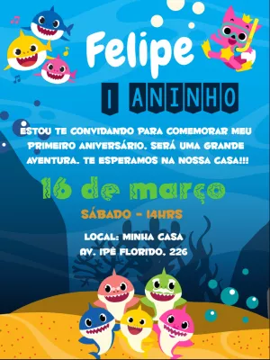 Convite de Aniversário Baby Shark para Editar Online
