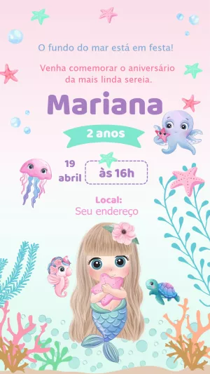 Convite de Aniversário Sereia Fundo do Mar para Editar