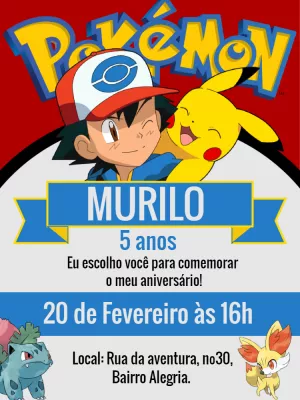 Convite de Aniversário Pokémon com Ash e Pikachu para Editar