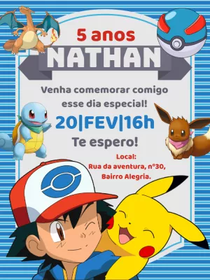 Convite de Aniversário Pokémon com Personagens para Editar Online