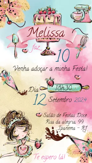 Convite Aniversário Confeitaria Aquarela para Editar Online