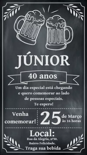 Convite de Aniversário Chalkboard com Cerveja para Editar Online
