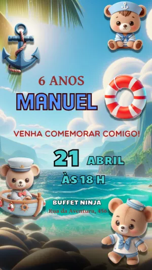Convite Aniversário Ursinho Marinheiro para Editar Online
