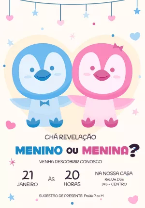 Convite Chá Revelação Pinguins Fofos para Editar Online