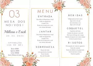 Menu de Casamento Dobrável Floral Rosa para Editar