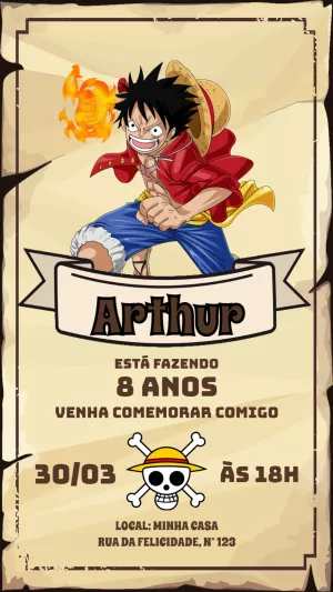 Convite Aniversário One Piece com Luffy para Editar Online