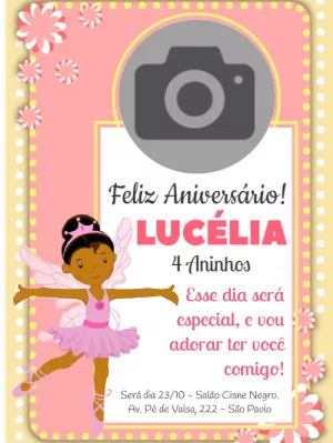 Convite Aniversário Bailarina Negra com Foto para Editar Online