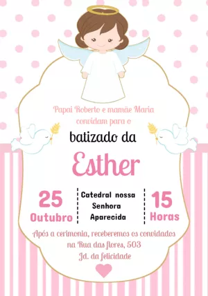 Convite de Batizado Menina Anjinha Rosa para Editar Online