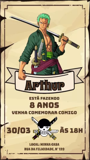 Convite Aniversário Zoro One Piece para Editar Online