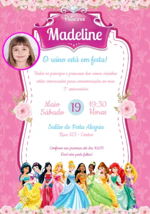 Convite de Aniversário Princesas Disney com Foto para Editar
