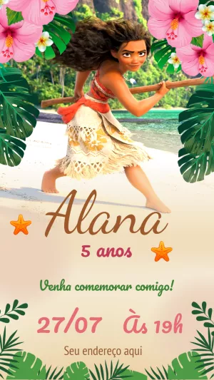 Convite de Aniversário Moana para Editar e Imprimir Online