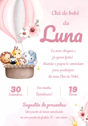 Convite Chá de Bebê Safari Rosa com Animais para Editar