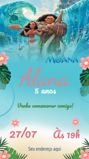 Convite de Aniversário Moana para Editar e Imprimir