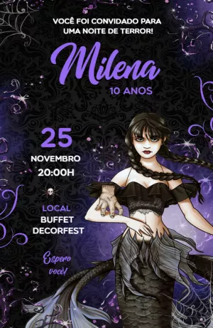 Convite Aniversário Wandinha Sereia Gótica para Editar Online