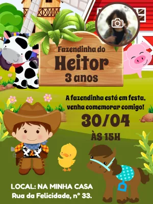 Convite Aniversário Fazendinha com Foto para Editar Online