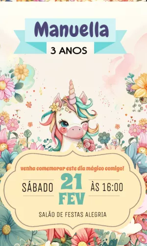 Convite Aniversário Unicórnio Floral para Editar Online
