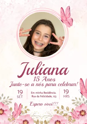 Convite de 15 Anos Borboletas com Foto para Editar Online