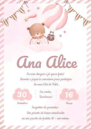Convite Chá de Bebê Ursinha Baloeira para Editar Online