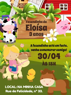 Convite Aniversário Fazendinha com Animais para Editar Online