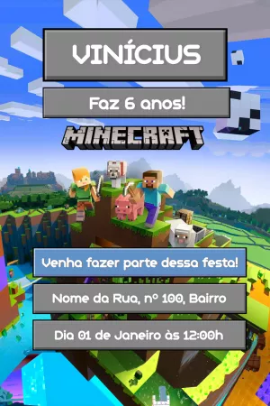 Convite de Aniversário Minecraft com Personagens para Editar Online