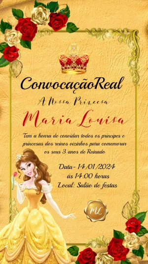 Convite Aniversário A Bela e a Fera com Princesa para Editar