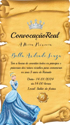 Convite Aniversário Cinderela Pergaminho Real para Editar